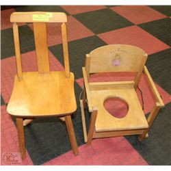 VINTAGE WOODEN CHILDS CHAIR AND WOODEN POTTY