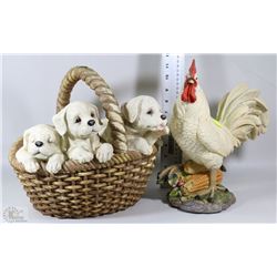 4 DOGS IN A WICKER BASKET ORNAMENT AND ROOSTER
