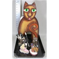 FLAT OF CAT FIGURINES MADE OF VARIOUS MATERIALS