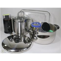 BOX OF COOKWARE WITH COFFEE GRINDER