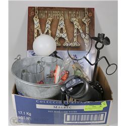 BOX W/MAN CAVE METAL SIGN, METAL VODKA