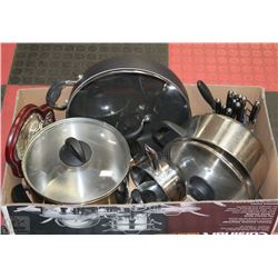 BOX W/POTS & PANS, UTENSILS & CANDY DISH