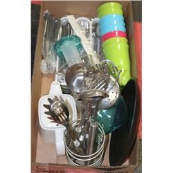 BOX W/UTENSILS, KNIVES, TEA POT, DRINK