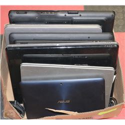 BOX OF 8 LAPTOPS (NEED TLC/PARTS) - BATTERY, BROKEN SCREENS, PASSWORDS, ETC.