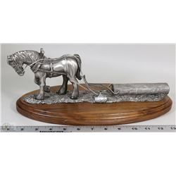 HEAVY PEWTER HORSE FIGURINE PULLING A LOG