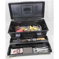 BLACK PLASTIC TOOL BOX FULL OF TOOLS -