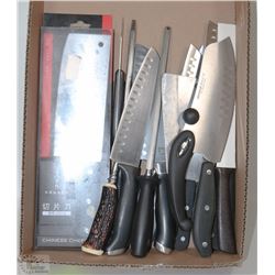 FLAT OF LARGE HEAVY DUTY KITCHEN KNIVES &