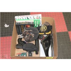 BOX W/2 AIRSOFT PISTOLS, LEATHER HOLSTERS ETC