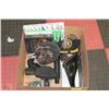 Image 1 : BOX W/2 AIRSOFT PISTOLS, LEATHER HOLSTERS ETC
