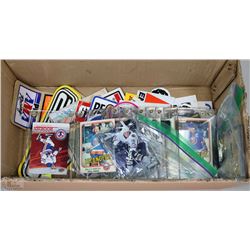 BOX WITH HOCKEY CARDS AND RACING STICKERS