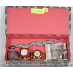 TREASURE BOX WITH STONE SNAKE, SIGNED KABO BIRD