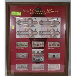 4 FRAMED 2.00$ UNCUT BILLS WITH DECORATIVE MATTING