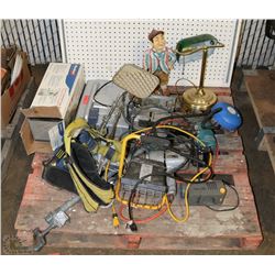 PALLET OF MISC, INCLUDING TOOLS, LIVE ANIMAL CAGE