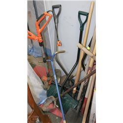 LARGE BUNDLE OF YARD TOOLS WITH SNOW SHOVELS AND