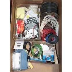 BOX OF ELECTRICAL WIRE COVERS, SWITCHES , WIRE ETC