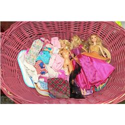 WICKER BASKET PINK FULL OF BARBIES 1960'S WITH
