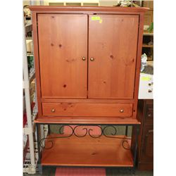 PINE WOOD ARMOIRE ON A STAND HAS BOTTOM STORAGE