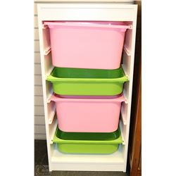 WHITE PINK AND GREEN STORAGE BIN SHELF
