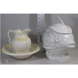 WASH BASIN JUG AND BOWL +FISH BOWL +SUGAR BOWL