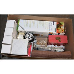 BOX OF MISCELLANEOUS CLOCKS, ORNAMENTS, BAMBOO