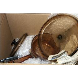BOX 9 INCLUDES CORNING AMBER COOKWARE