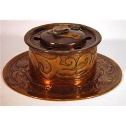 Circular Arts and Crafts copper inkwell emb…