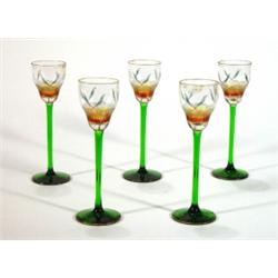 Five green stemmed glasses, hand painted wi…