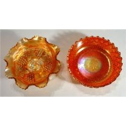 Orange carnival glass three footed bowl dec…