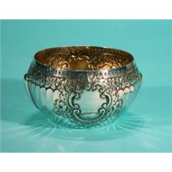 Heavy floral embossed silver sugar bowl, JD…