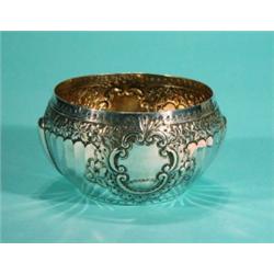 Heavy floral embossed silver sugar bowl, JD…