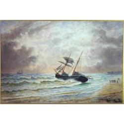 Gilt framed watercolour 'Sailing Ship Beach…