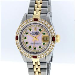 Rolex Two-Tone Pink MOP Emerald and Ruby Diamond DateJust Ladies Watch