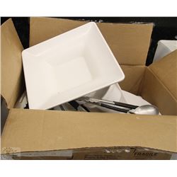BOX OF WHITE PLATES AND UTENSILS