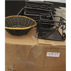 BOX OF WICKER BASKETS & IRON RISERS