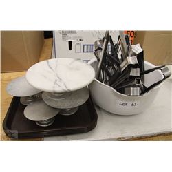 LOT OF SERVING TRAYS, RISERS & TONGS