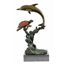 Bronze and marble base Dolphin Sea Turtle sculpture (14"X9")