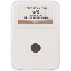 1759 Great Britain Penny ESC-2351 Coin NGC Graded MS61