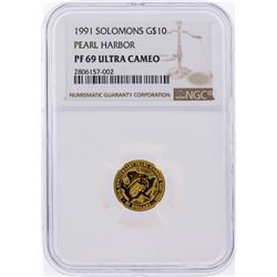 1991 $10 Solomons Pearl Harbor Gold Coin NGC PF69 Ultra Cameo