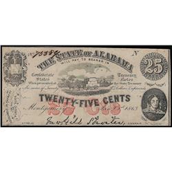 1863 Twenty-Five Cents The State of Alabama Obsolete Note