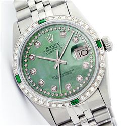 Mens Rolex Stainless Steel String Diamond Emerald Datejust Wristwatch