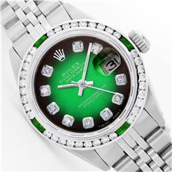 Womens Rolex Stainless Steel Diamond and Emerald Datejust Wristwatch