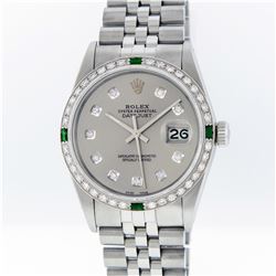 Rolex Mens Stainless Steel Slate Grey Diamond And Emerald Datejust Wristwatch