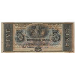 1800s $5 The Citizens Bank of Louisiana Obsolete Bank Note