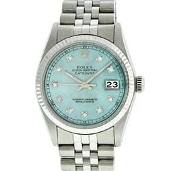 Rolex Mens Stainless Steel Ice Blue Diamond DateJust Wristwatch