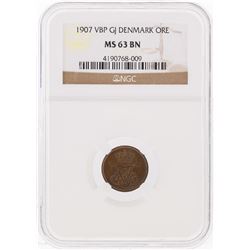 1907 VBP GJ Denmark ORE Coin NGC Graded MS63 BN