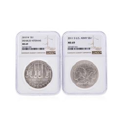 2010-W $1 Disabled Veterans and 2011-S $1 U.S. Army Silver Coins NGC MS69