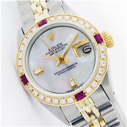 Womens Rolex Two-Tone Baguette Diamond And Ruby DateJust Wristwatch