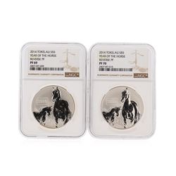 Set of (2) 2014 $5 Tokelau Year of the Horse Reverse Proof Coin NGC PF69 & PF70