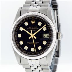 Rolex Mens Stainless Steel Black Diamond Datejust Wristwatch