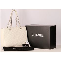 Authentic Chanel Grand Shopping Tote White Caviar Leather Silver Hardware GST